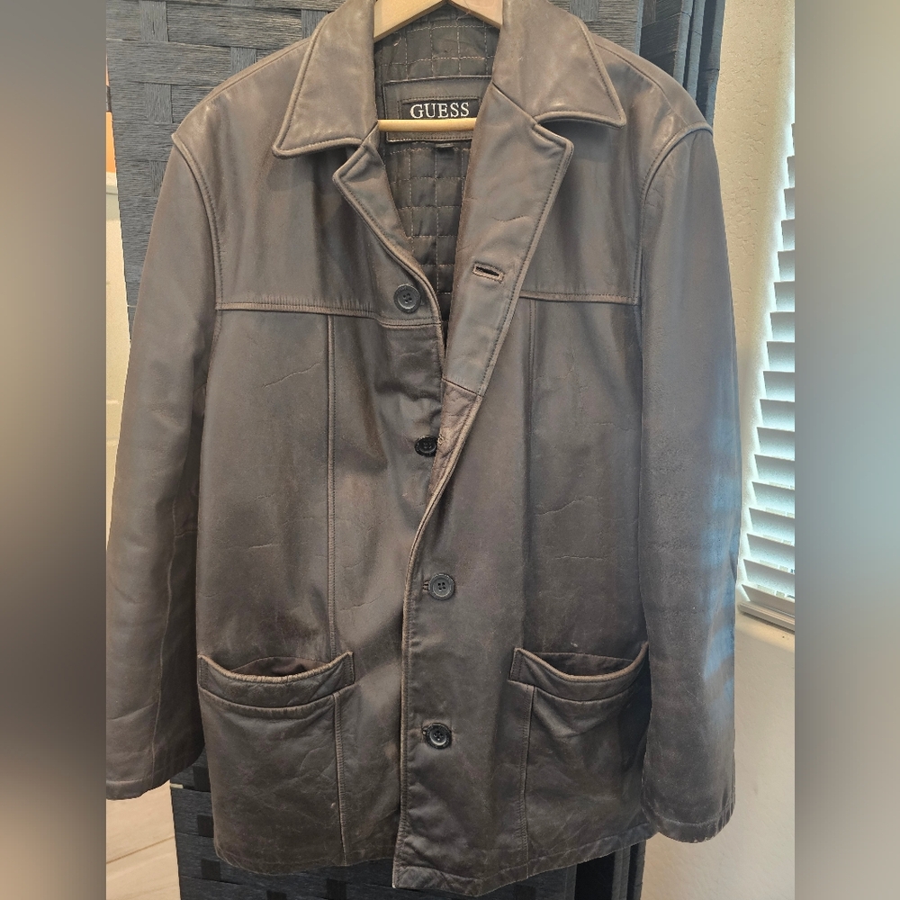 Vintage GUESS Men's M Dark Brown Heavyweight Leather Coat With Quilted Lining